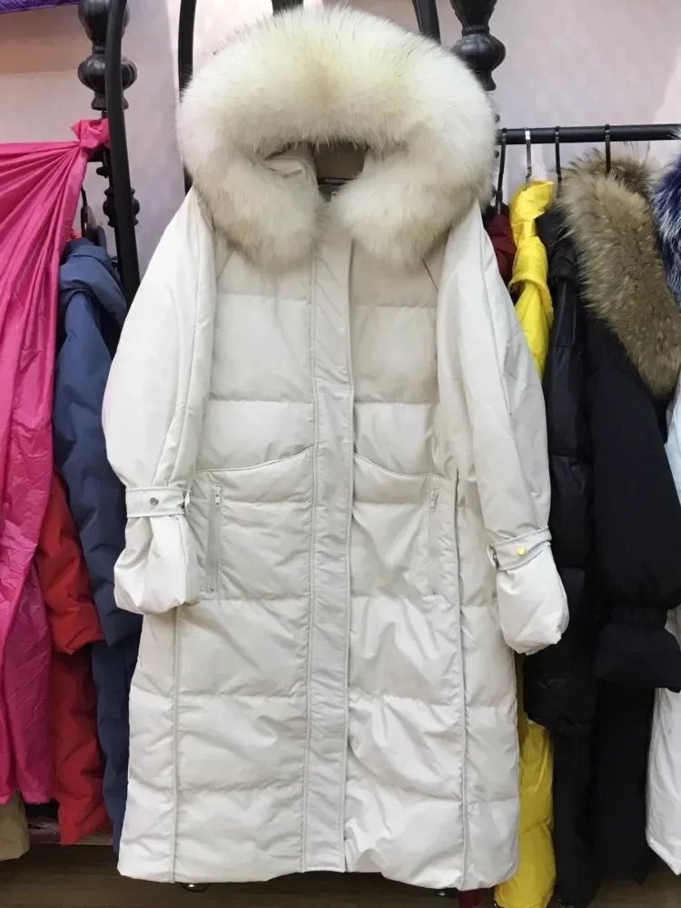 Super Big Fur Collar Down Jacket Winter New Elegant Fashion Loose Slimming Plus Size Mid-Length White Duck Downs Coat Women