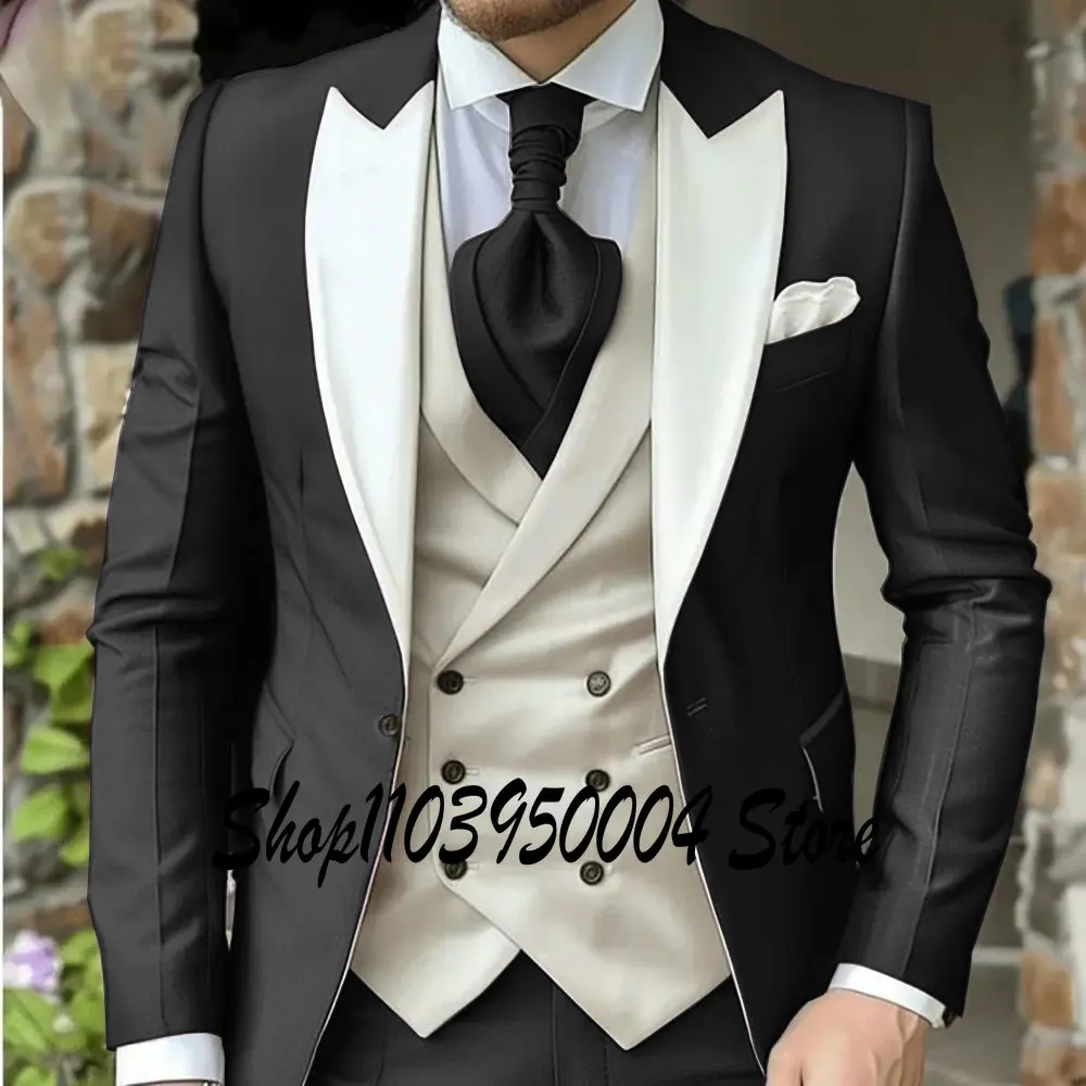 Brown 3 Pieces Groom Wedding Suits For Men Blazer Sets Fashion Designs Business Jacket Ivory Vest Pants Dress Tuxedo