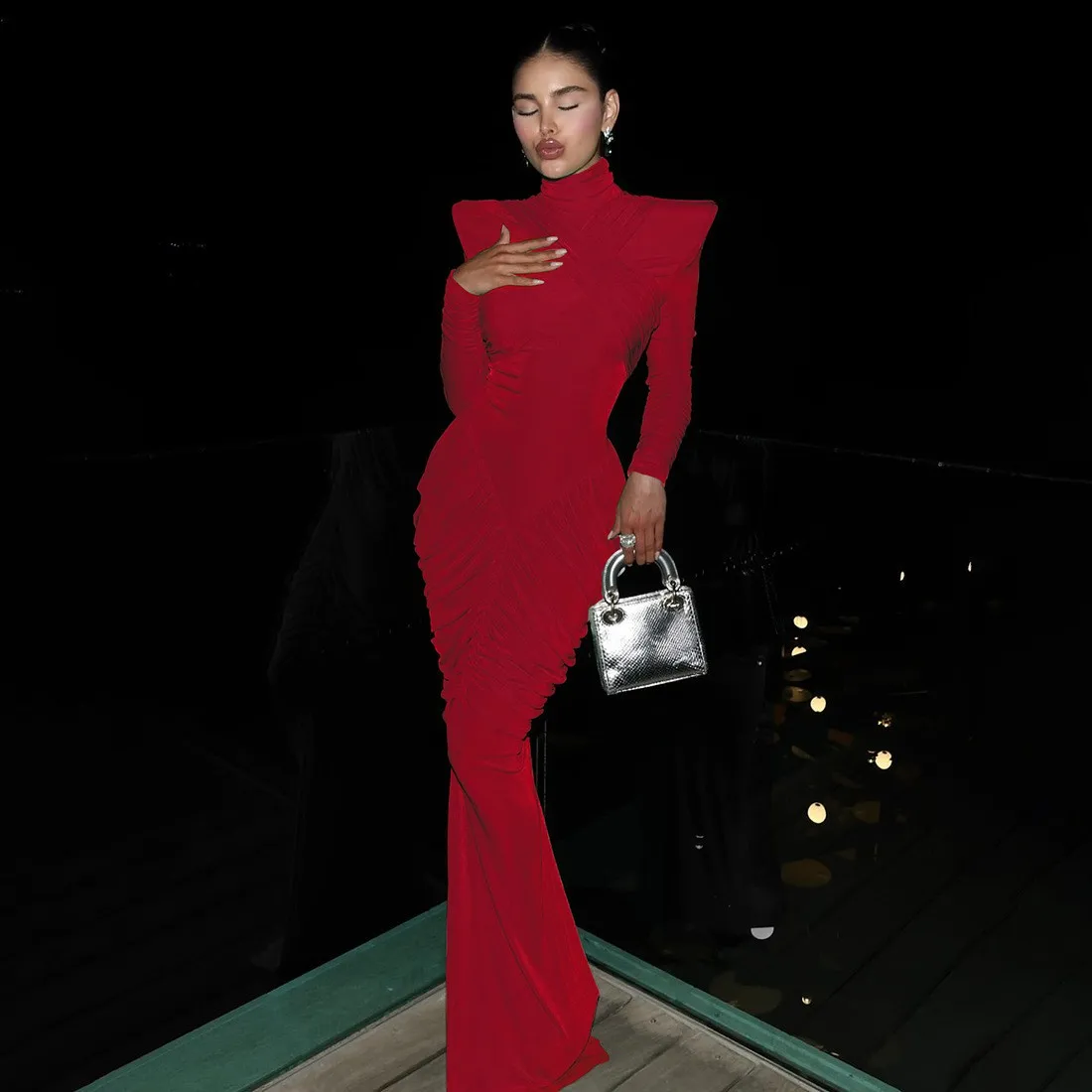 Elegante Vestido de Fiesta para Mujer, Manga Larga, Espalda Descubierta, Fruncido, Color Sólido, Maxi Vestido de Noche Estilo Sirena, Ajustado, Largo hasta el Suelo