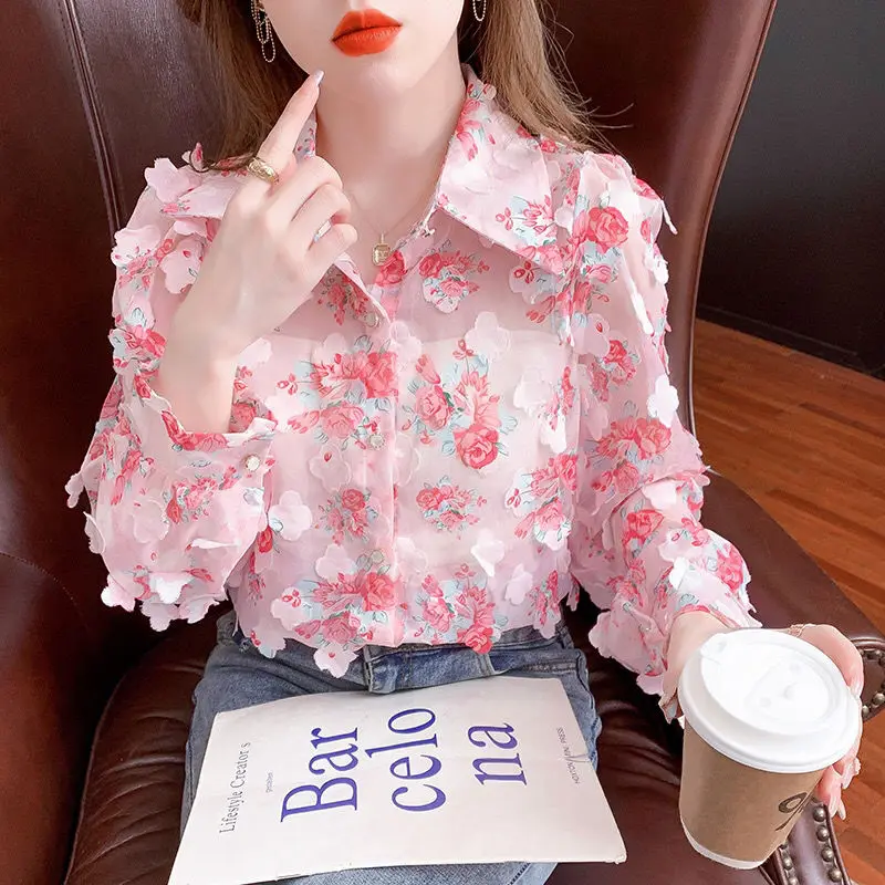 Fashion Broken Flowers Printed Blouse Female Clothing Sweet Floral Patch Designs Spring Autumn Commute Single-breasted Shirt New