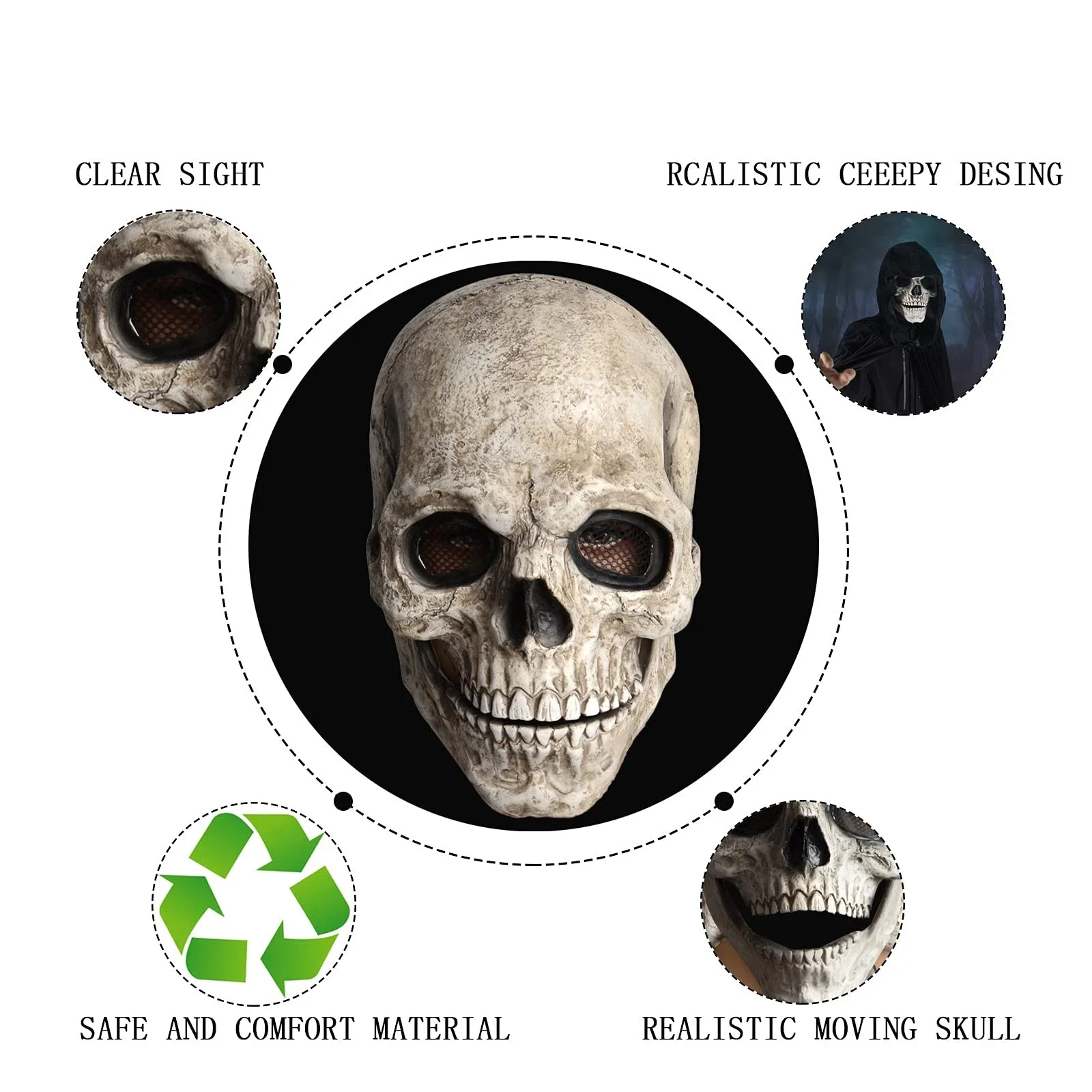 هالوين الجمجمة قناع اللاتكس كامل جمجمة رأس خوذة المنقولة الفك قناع تنفس الجمجمة قناع لجميع القديسين حزب تأثيري مسكون #5