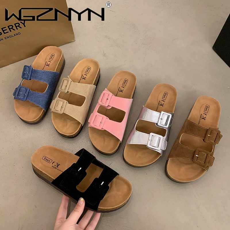 Summer Women Sandals Flats Cork Slippers Casual Shoes Fashion Leather Buckle Beach Slides Flip Flop Luxury Designer Slippers