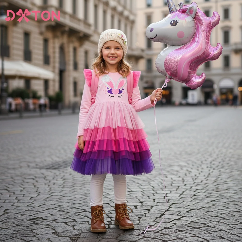 DXTON Vestido diario rosa sólido estilo coreano para niña – Otoño