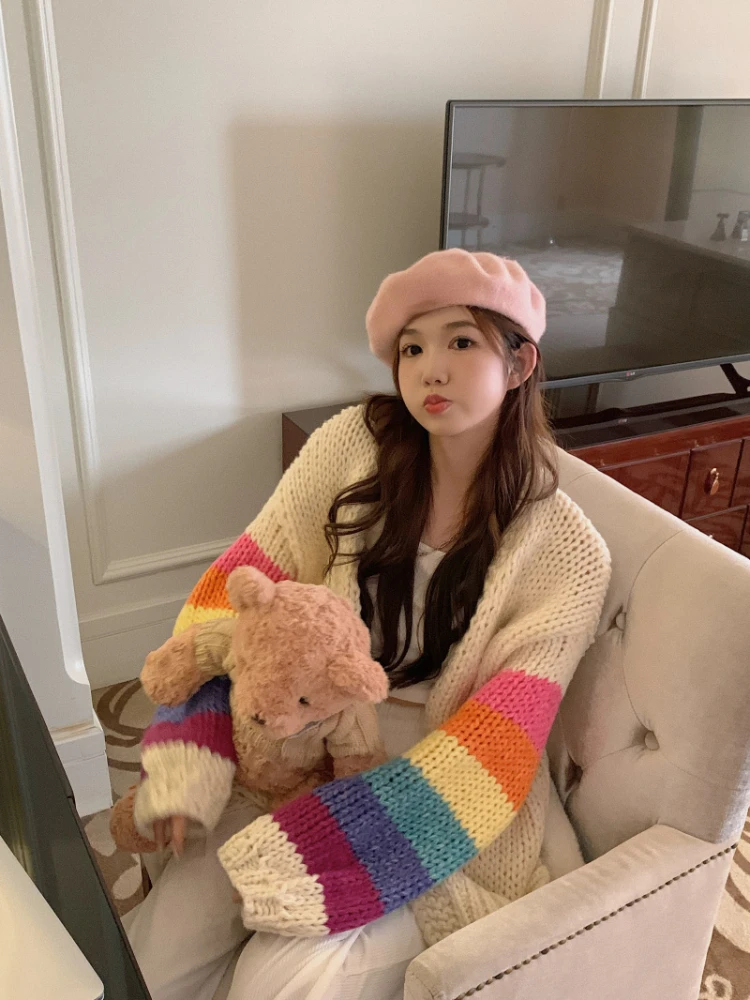 KOSAHIKI Vintage Rainbow Striped Sweaters Female Casual Sweet Y2k Cardigan Korean Fashion Knitted Top 2024 Autumn Kardigany