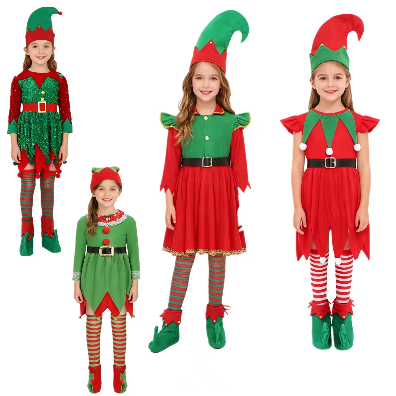 Disfraz de elfo para niña, disfraz de Papá Noel, vestido de elfos con cinturón, calcetines largos, sombrero, fundas para zapatos, traje de fiesta de Navidad y Año Nuevo