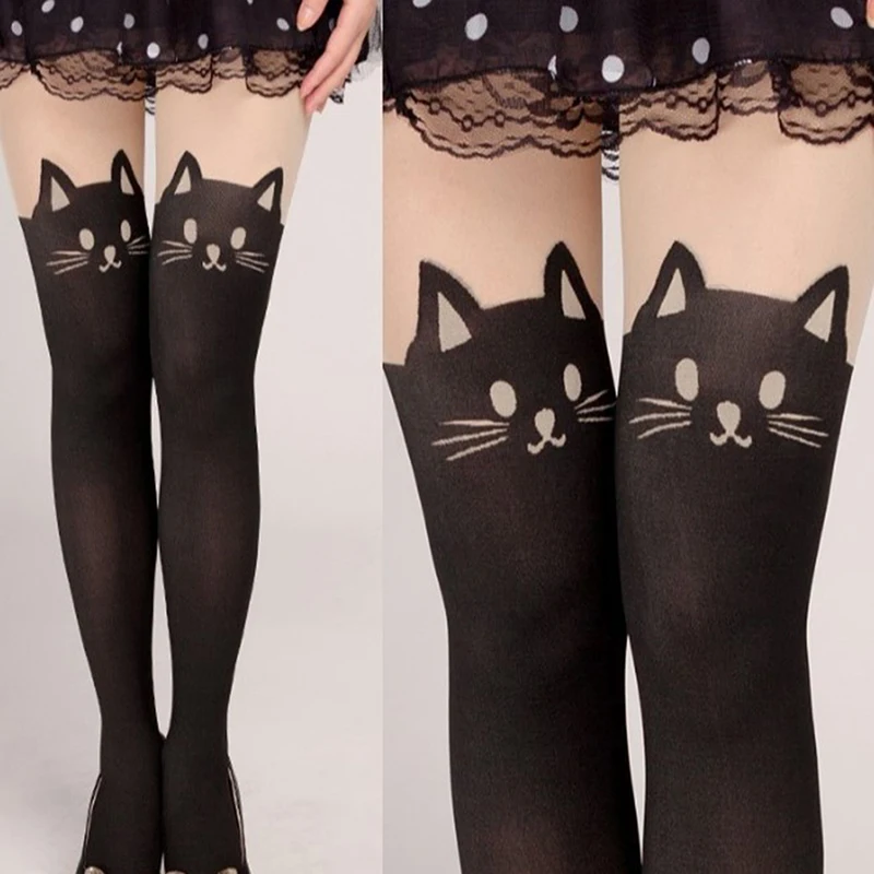 Cute Cartoon Cat Tail Meias para Mulheres, Meia-calça Fina, Tatuagem Meias, Moda Impressa Meias, Mais Novo, Quente