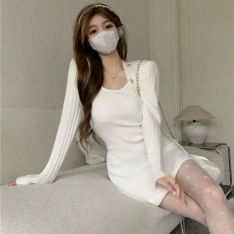 فستان نسائي منسوج أزرق أنيق أساسي رائع Harajuku كوري للخريف والشتاء تخفيضات Y2k Bodycon فساتين كروشيه نسائية #2