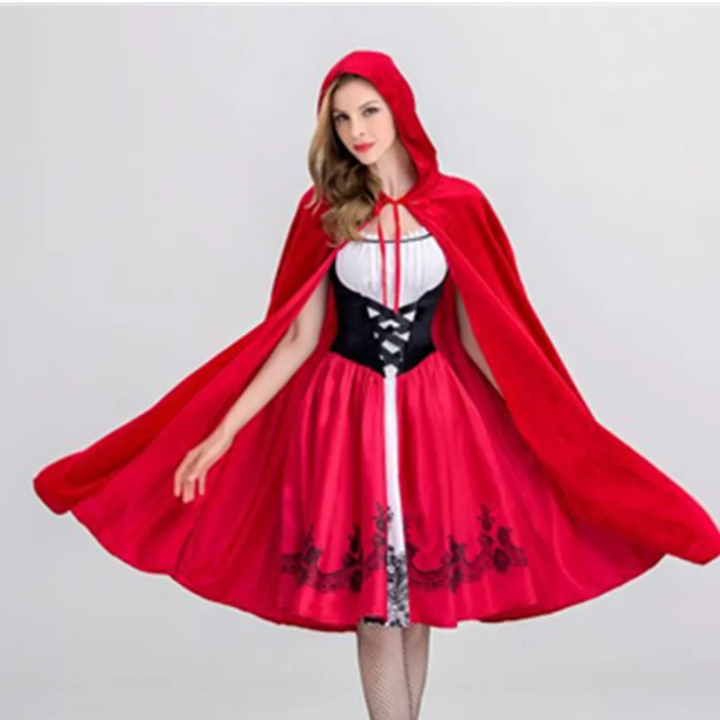 Disfraz de fiesta de Halloween para adultos, Caperucita Roja, ropa de fantasía, disfraz de carnaval, vestido + capa