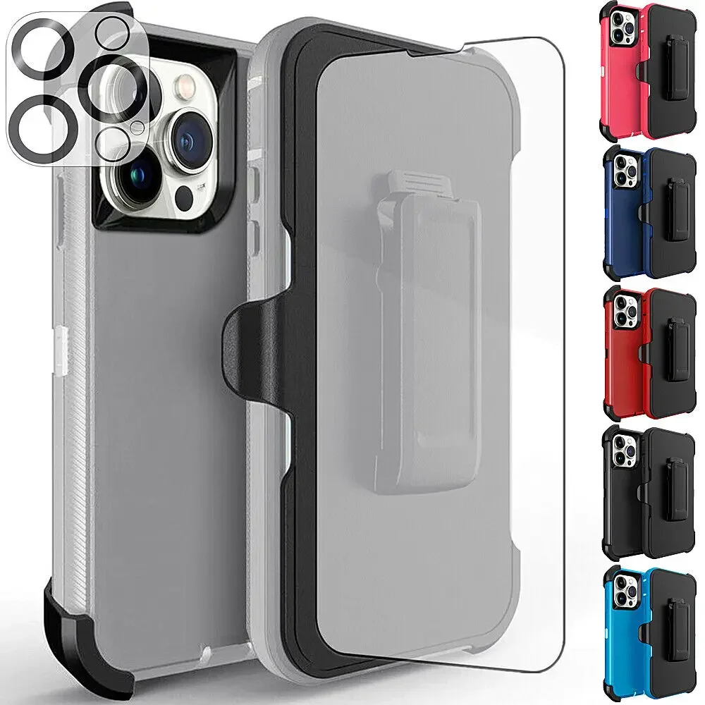 

Case For iPhone 11 12 15 Pro Max 14 Plus 13 Mini XR X XS Max Defender Shockproof Hard Cases Cover W/Clip & Glass Screen Lens