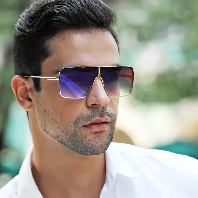

Stylish Oversized Sunglasses Men Metal Frame One Piece Lens Trendy Square Design UV Protection Driving and Outdoor Shades