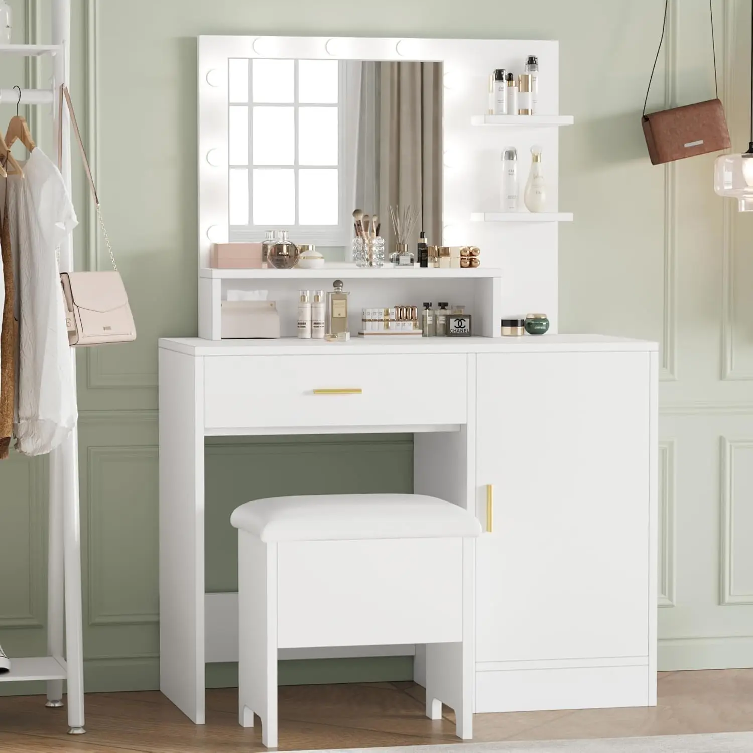 

Vanity Desk with Mirror & Lights, Makeup Vanity Table with Large Drawers and 3 Level Storage & Tiers of Open Shelves