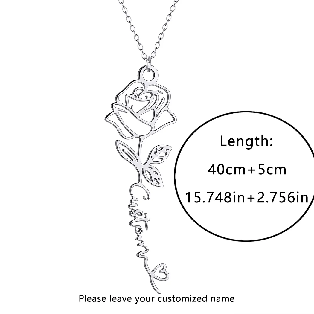 QIAMNI Custom Rose Birth Month Flower Name Necklace for Women Stainless Steel Jewelry Personalized Pendant Choker Birthday Gifts