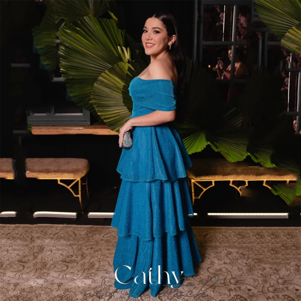 Cathy Glitter Blue Vestidos De Fiesta Elegantes Para Mujer 2023 Off Shoulder Prom Dresses 2023 Multilayer Vestidos De Noche