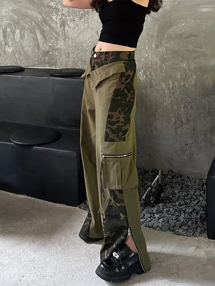 TWOTWINSTYLE Colorblock Spliced Zipper Designer Pants For Women High Waist Patchwork Pockets Wide Leg Pant Female Fashion New