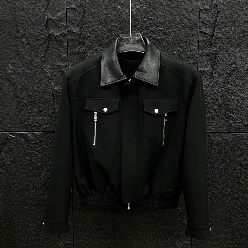WVGA Autumn Winter New Man Tide Patchwork Leather Short Jackets Niche Chic Casual Zipper Decorated Turn-Down Collar Coats W14793