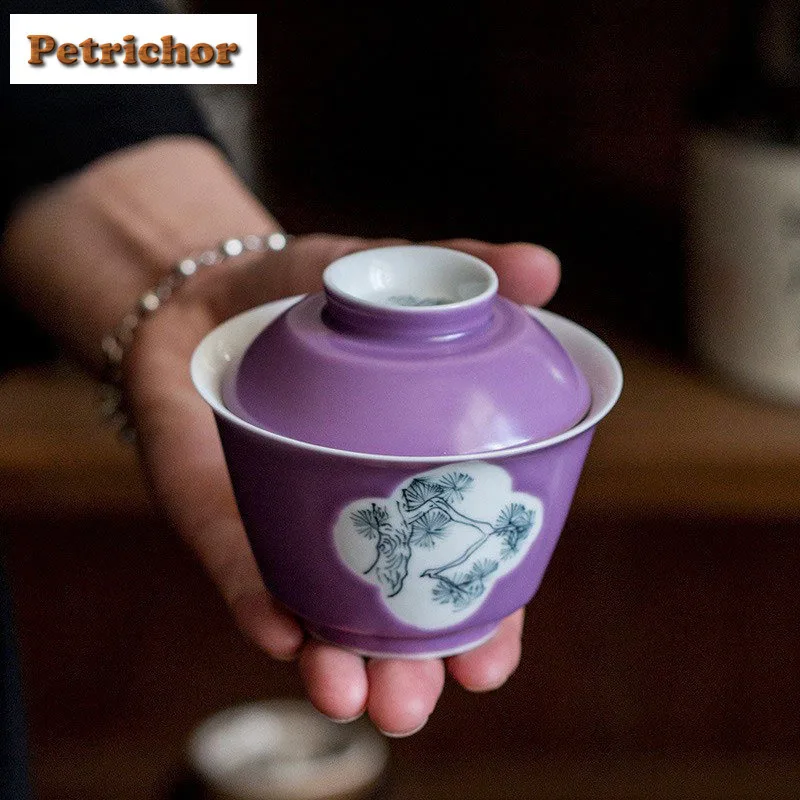 

125 мл Фиолетовый Ручная роспись Открытие окна Облако Сосна Гайвань Дзен Чайная варенья Чаша для чая с крышкой Набор для приготовления чая Крышка Чаша Предметы для чая