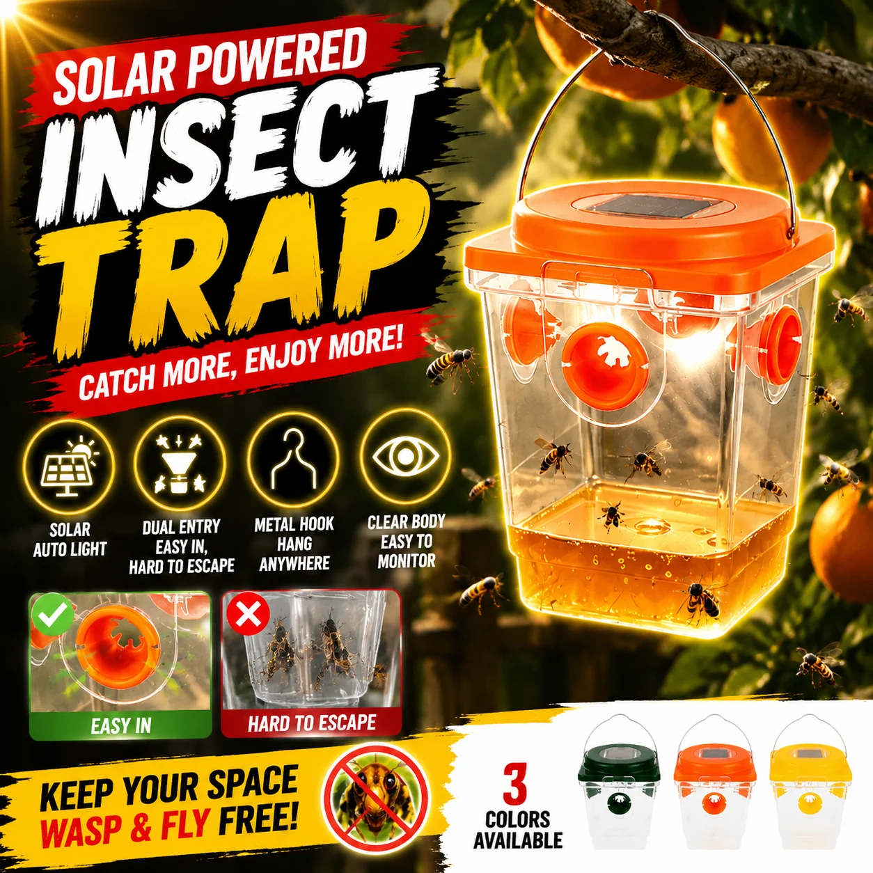 Outdoor Solar Insect Catcher Trap Auto Illumination At Night Dual Inlet Design Hanging Wasp Hornet Trap Transparent Visible Box