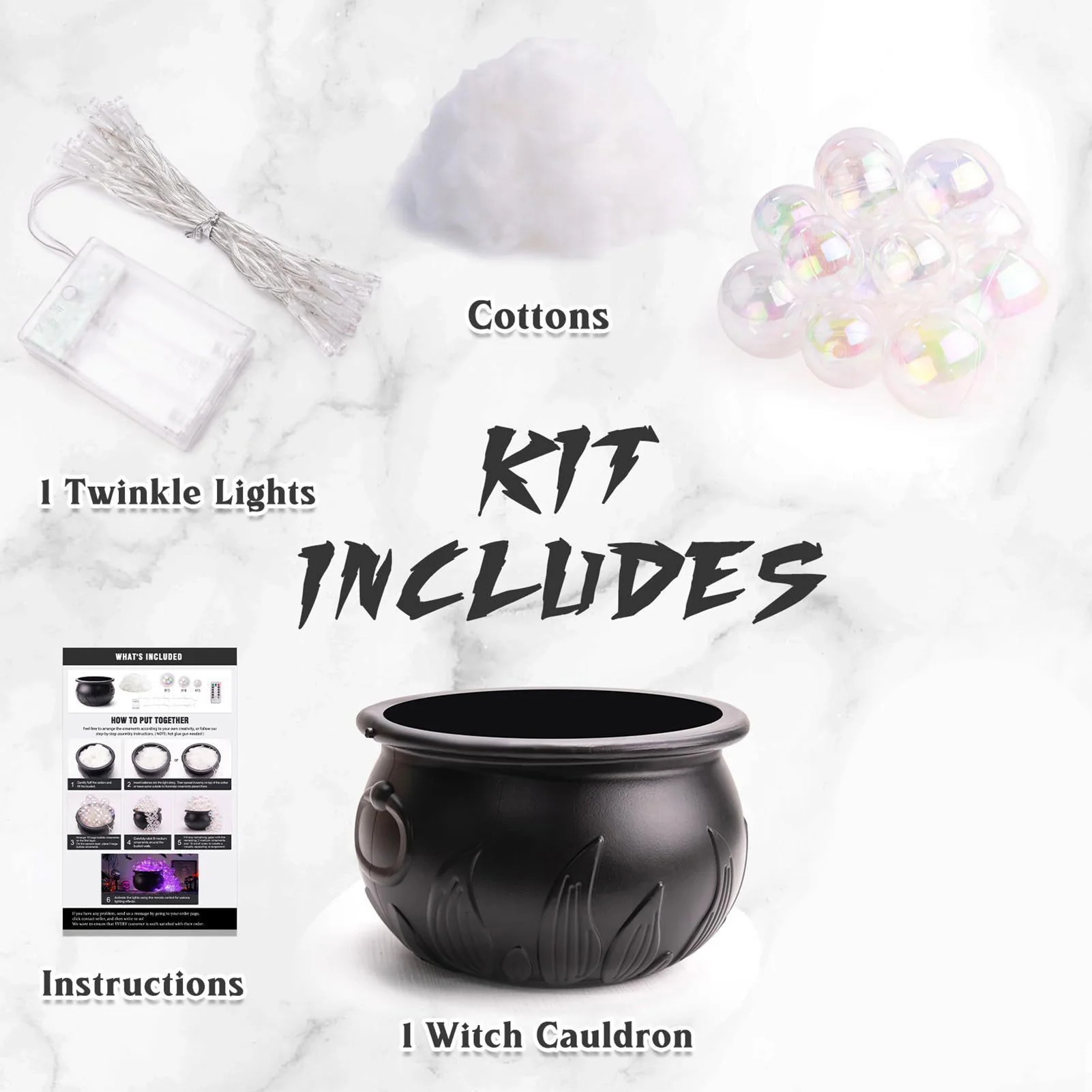 Kit includes Twinkle Fairy Lights, Cotton, and Bubble balls. Instructions and Cauldron