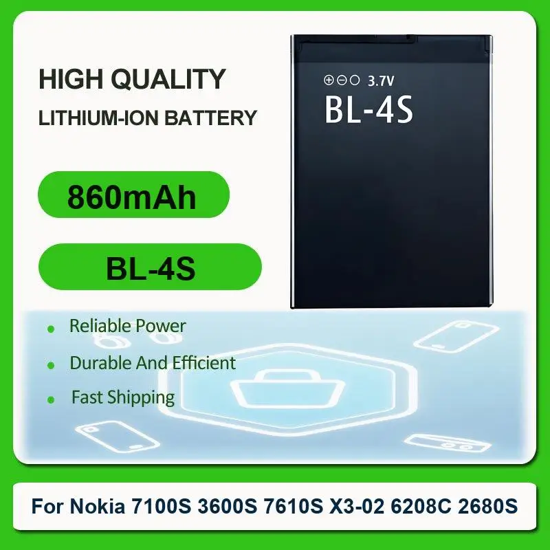 

Сменный аккумулятор мобильного телефона для Nokia 7100S 3600S 7610S X3-02 6208C 2680S BL 4S BL-4S 860 мАч