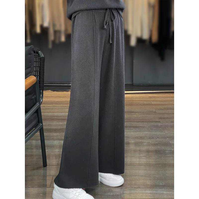 100% Pure Wool Pants Cashmere Wide Leg Trousers Women\'s Long Britches Knit Loose Casual Straight Leg Pants  Autumn Winter New