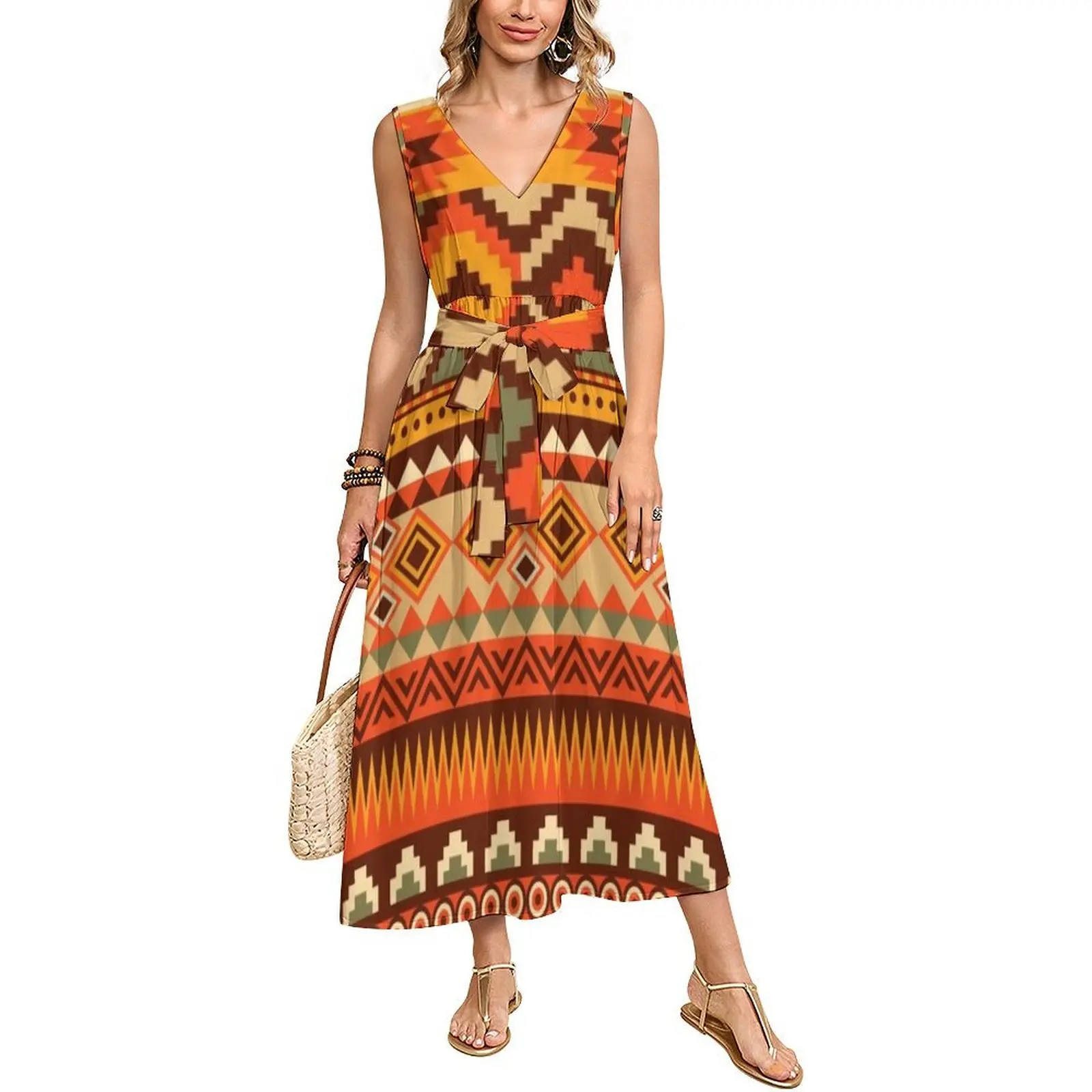 

Платье с принтом ацтекского племенного узора, платье на заказ, летняя длинная юбка без рукавов с поясом, Тихоокеанский остров, ретро-арт, 2025 г.