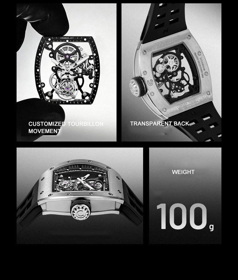 CRONUSART Men Tourbillon Watch Tonneau Mechanical Wristwatch Titanium Case Luminous Sapphire Mirror FKM Strap Skeleton Dial