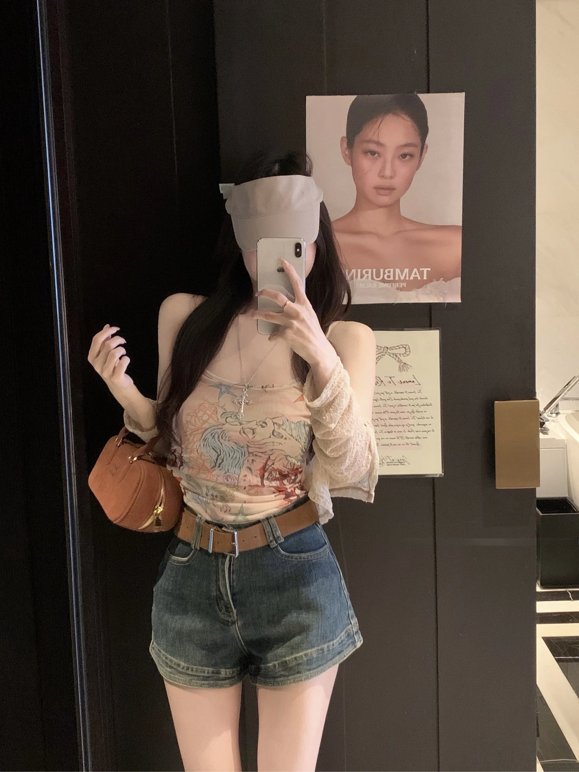 

Spicy Girl Pure Desire Retro Print Strap Top Women's Spring Thin Lace Open Cardigan Outerwear Two-Piece Set Cotton Material