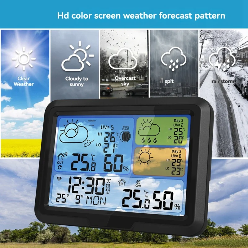 TUYA Weather Clock Indoor Outdoor Temperature & Humidity Detector Multi-Function Weather Station WIFI EU Plug