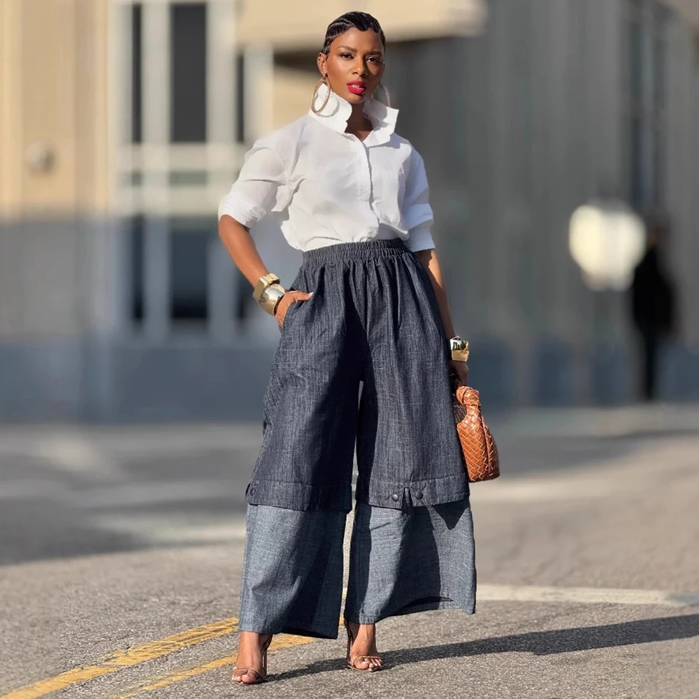 

Женские широкие брюки из искусственного денима с двойным слоем, эластичные, с высокой талией, прямые, в стиле стритвир, повседневные, с карманами, модные брюки