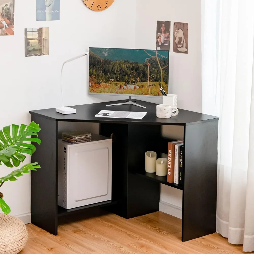 Corner Desk, 90 Degrees Triangle Computer Desk for Small Space, Space Saving Bedroom Corner Makeup Vanity Desk with Storage