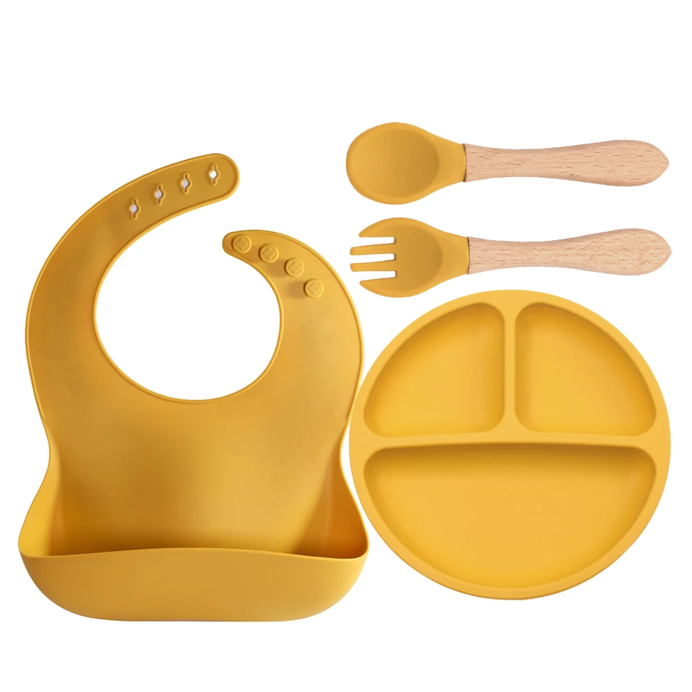 

4 PCS Silicone Baby Feeding Set Baby Led Weaning Supplies Utensils Bib Plate Spoon Fork
