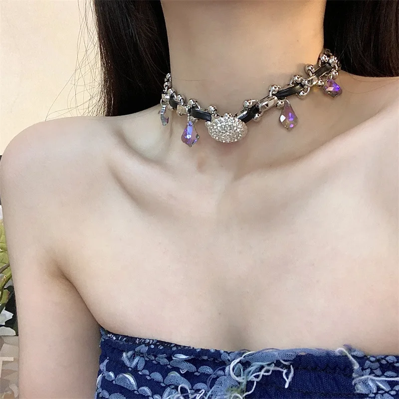 

Butterfly Necklace For Women Choker Button Purple Water Drop Clavicle Chain Jewelry Party Girls Accessories