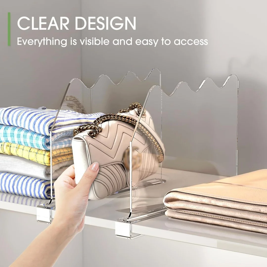 2/4Pcs Clear Wave Acrylic Shelf Dividers Adjustable Closet Organizer Separator For Clothes Handbags Kitchen Cabinet Book Storage