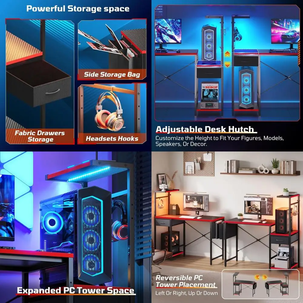 

LED-Illuminated 44 Compact Gaming Desk with Drawers, PC Shelf, and Storage for Small Spaces in Black-Red