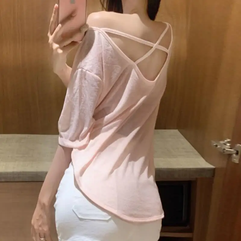 Loose Cross Back T-Shirt Micro Transparent Arc Hem YC320 Back Exposure Casual Women's Summer Cotton Top Korean Style
