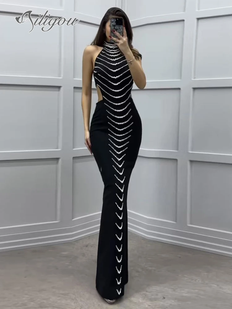 

Ailigou 2024 New Summer Women's Black Sexy Hollow Beaded Details Design Tight Long Bandage Dress Elegant Party Evening Dress