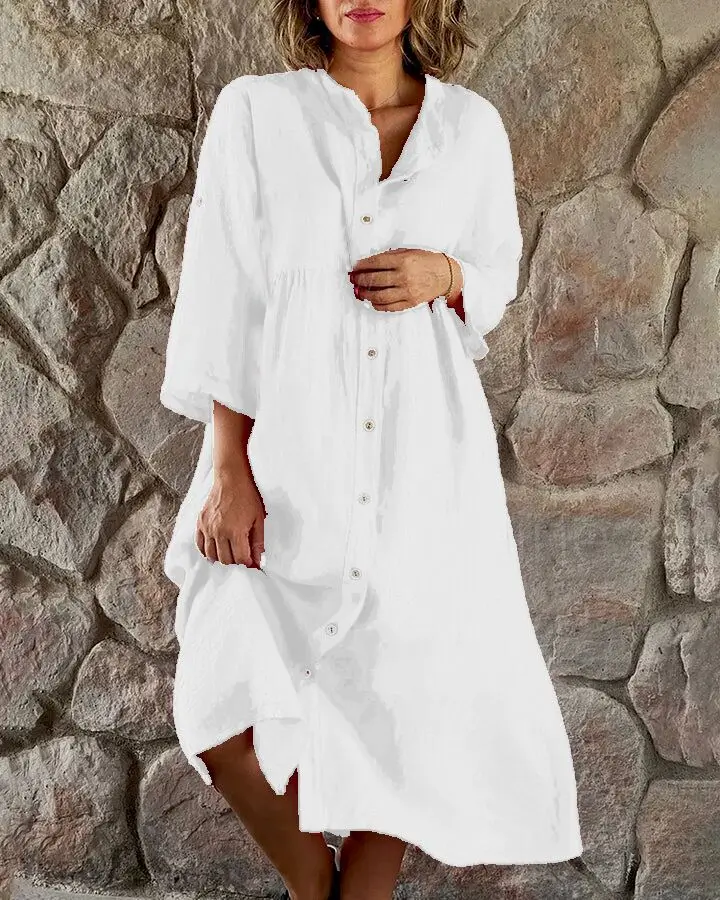 

Women's Casual Loose Dresses Cotton Linen Stand Collar Button Geeen Long Dress Robe Femme Summer Y2k Jupe Longue Femme