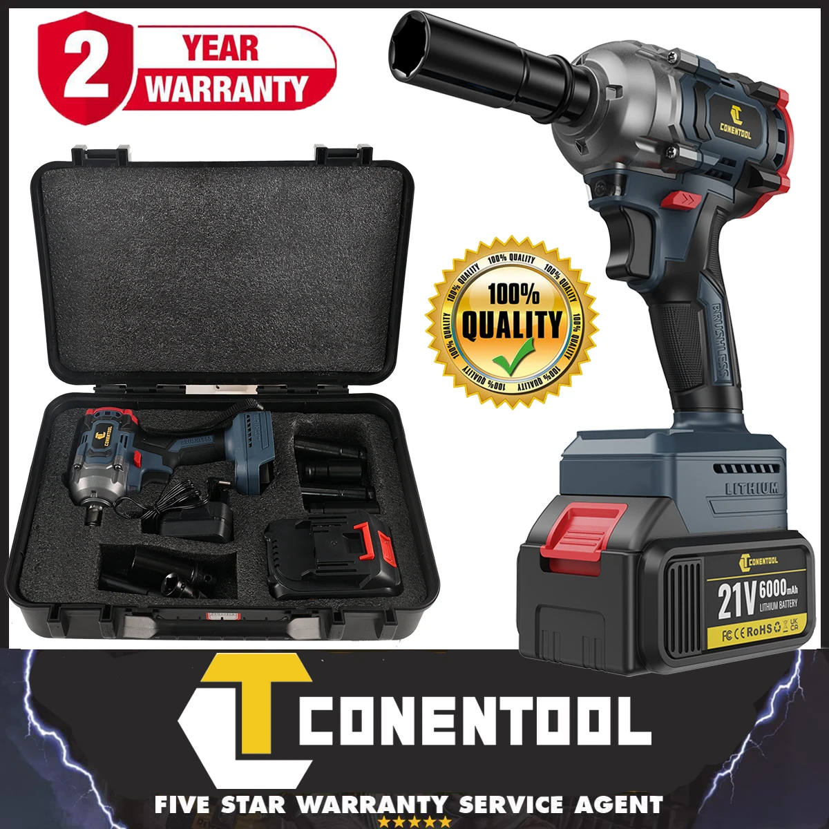 CONENTOOL 21V Cordless Impact Wrench Driver, 1/2” Brushless, 620Nm, with 6000mAh Battery, Electric Impact Gun for Car and Home