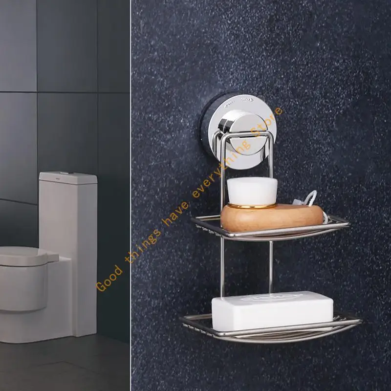 

Water Resistant Double Layer Soap Dish Holder Strong Suction Cup Rust Proof Wall Mounted Soap Basket 55KF