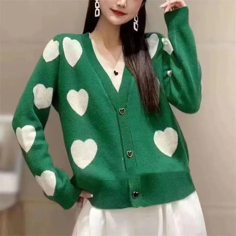 2024 Knitted Cropped Cardigan For Women Love Pattern Sweaters Autumn Winter V Neck Korean Japanese Short Women\'s Sweater Jackets