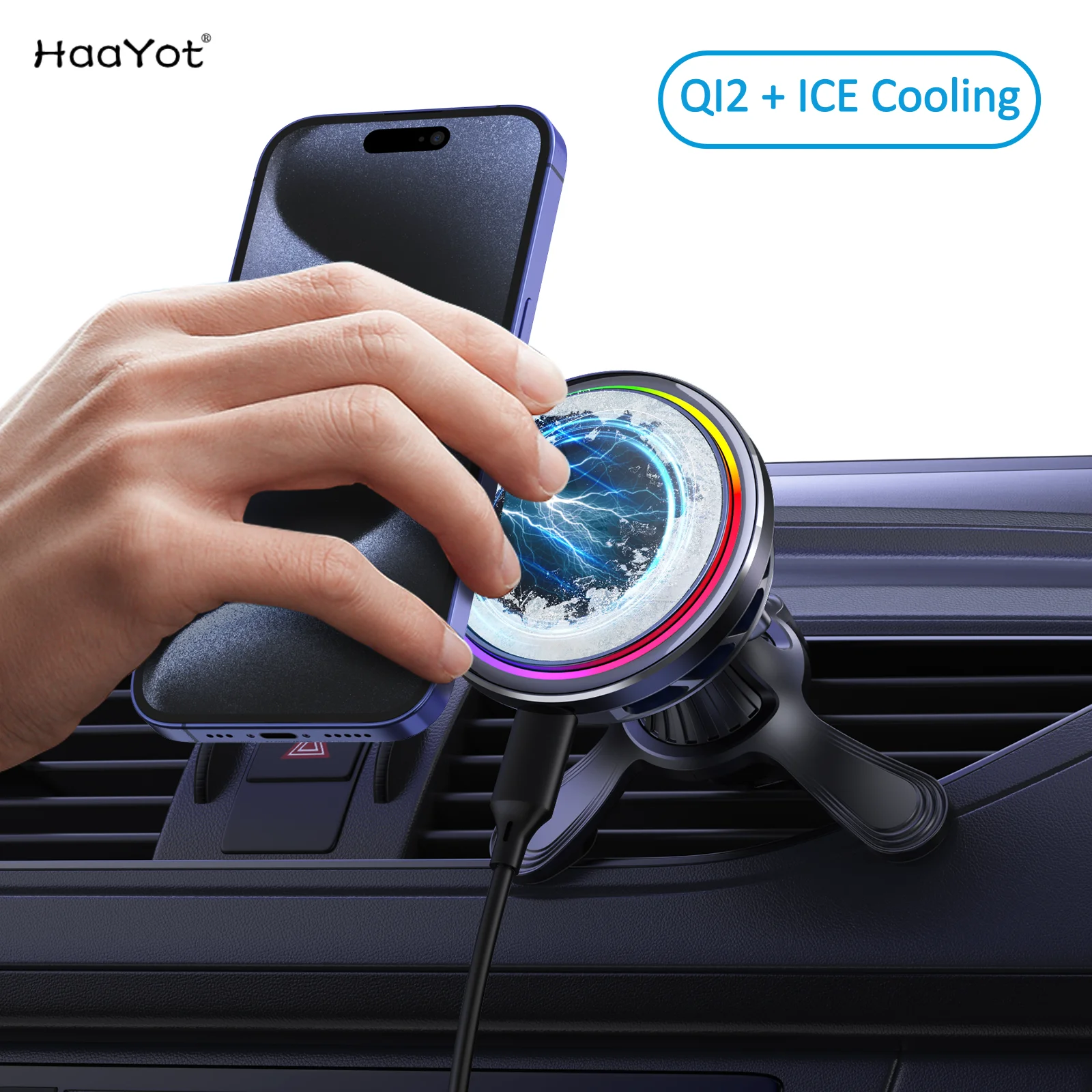 Support de téléphone pour grille d'aération, rvb, refroidissement par glace et voiture, chargeur magnétique sans fil QI2 25W pour iPhone 17 16 15 14 13 Pro Max, charge rapide