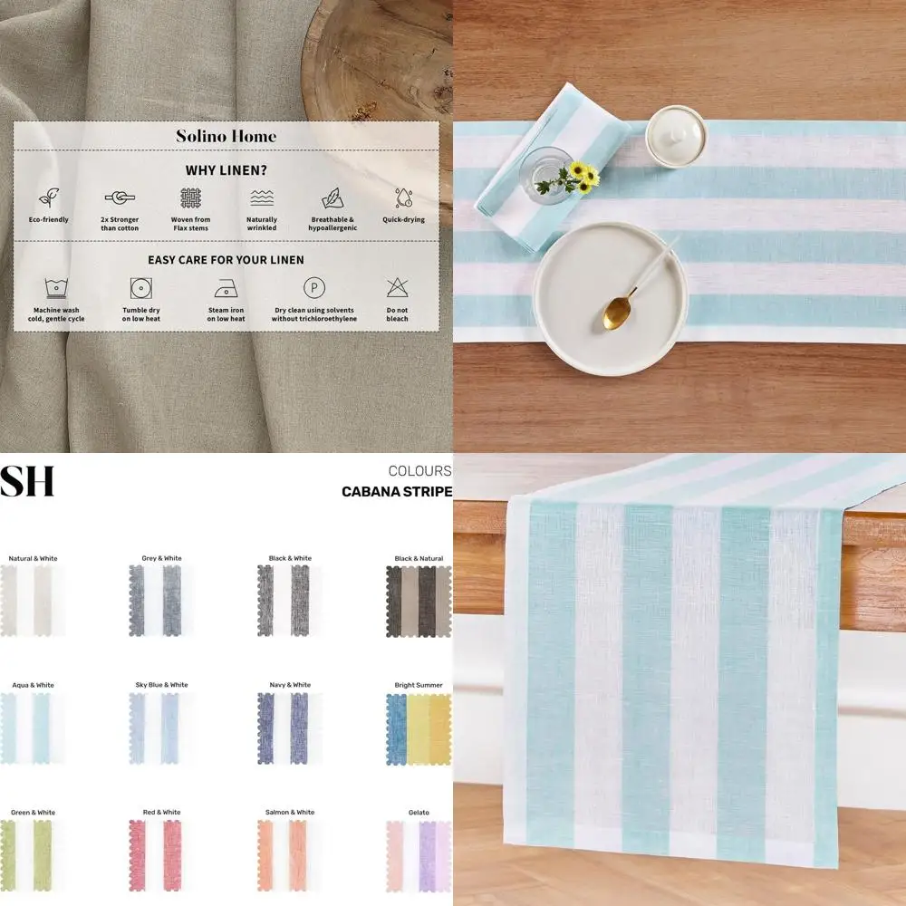 

Cabana Stripe Linen Table Runner, 14x90 Inch Pure Aqua White Dining Decor