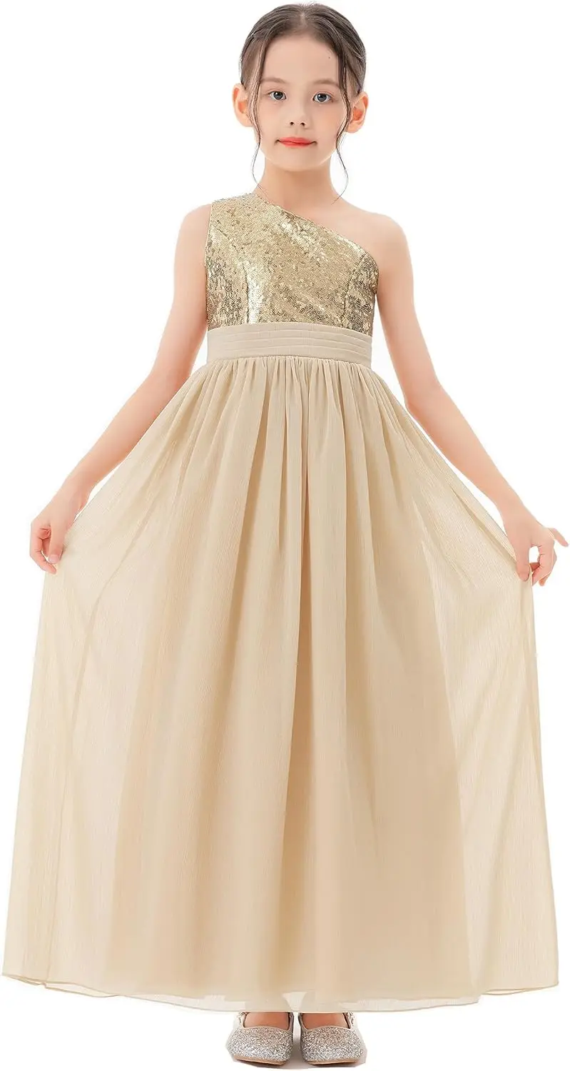 Ekidsbridal One-Shoulder-Blumenmädchenkleider aus Chiffon mit Pailletten, besondere Festzugskleider für Mädchen