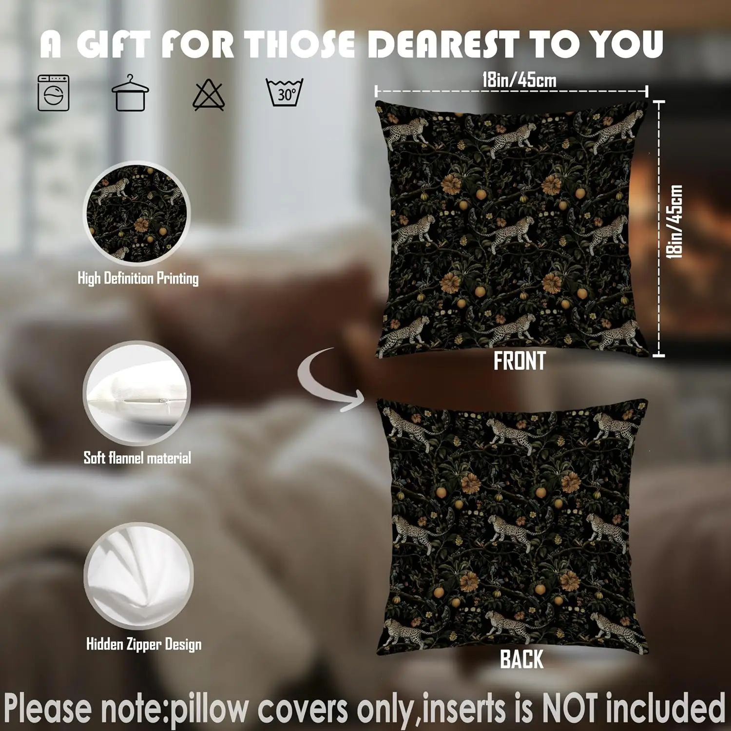 Dark Botanical Leopard Pillow Covers 18x18, Leopard Room Home Decor, Tropical Jungle Cheetah Fruit Decorative Throw Pillow Cover
