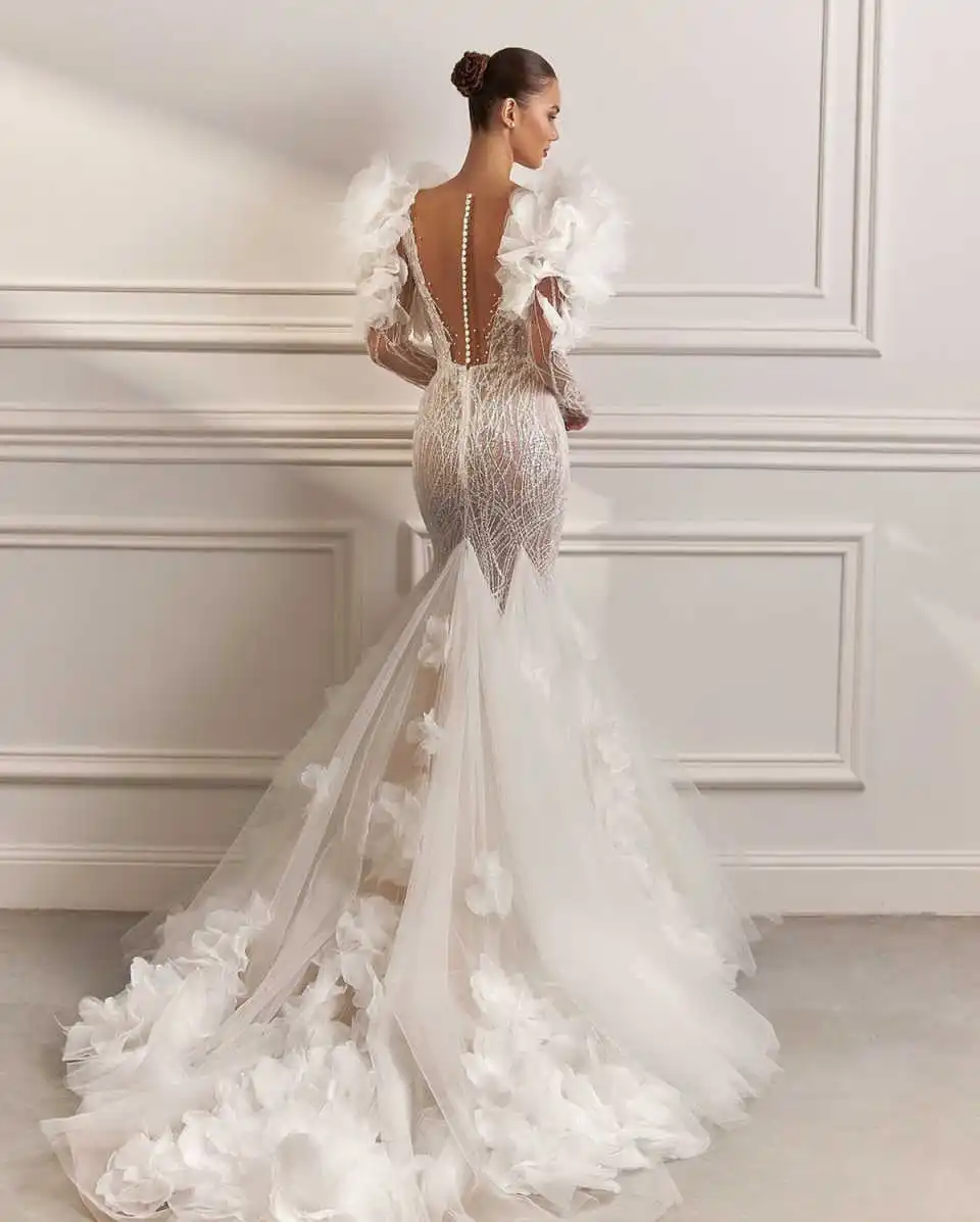 Exquisite Mermaid Wedding Dresses Long Sleeve 3D-Appliques Party Special Occasion Gown Bridal Gown Vestido De Noiva Customized