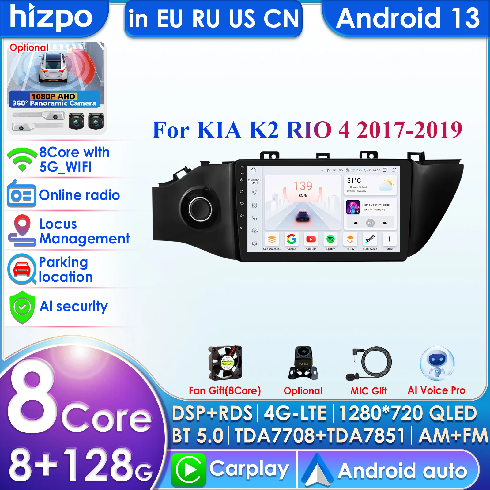 

8G+128GB QLED Screen DSP 9'' Car Radio 2Din Android Auto Multimedia Player for Kia K2 Rio 4 2017 2018 2019 GPS Navigation Stereo