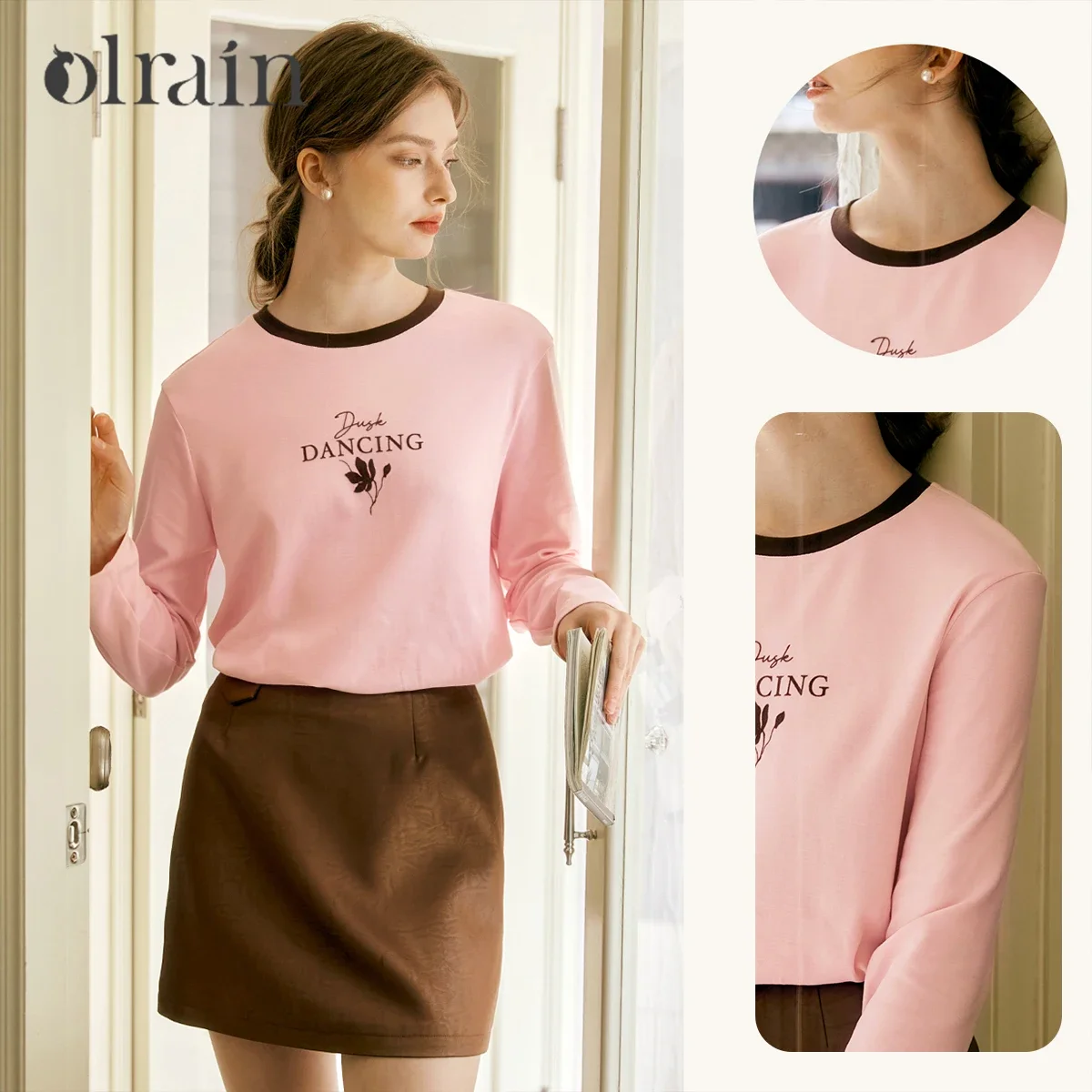 OLrain ニット Tシャツ 2025 春 ルーズコットン スプライスプリント クルーネック 長袖 通勤 Tシャツ 女性服 M56QT93135