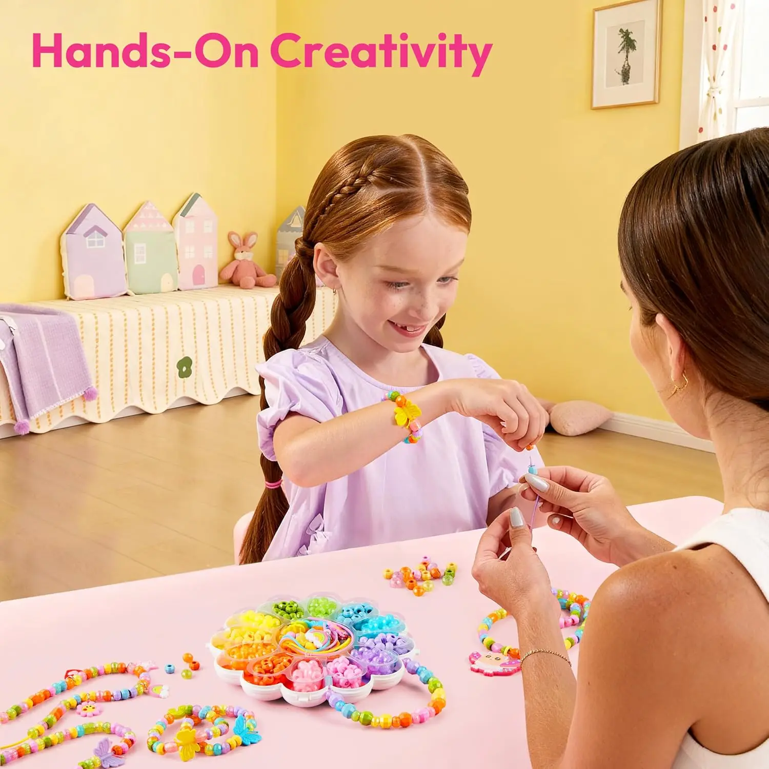 JOYFY Kit de fabricación de joyas para niños, kit de fabricación de pulseras con más de 350 cuentas de colores, estuche en forma de flor para niñas de más de 3 años, regalos artesanales