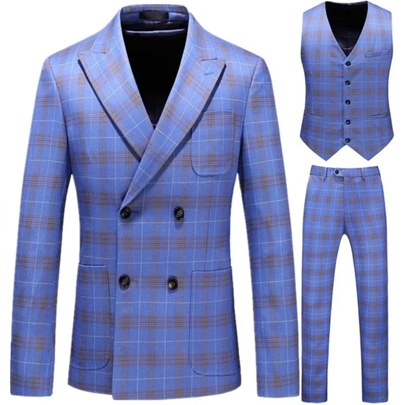 Men's Stripe Suit High Quality Gentleman Double Breasted Blazer 3 Pcs Set Slim Fit Wedding Male Blazer Jacket Coat Pants Vest