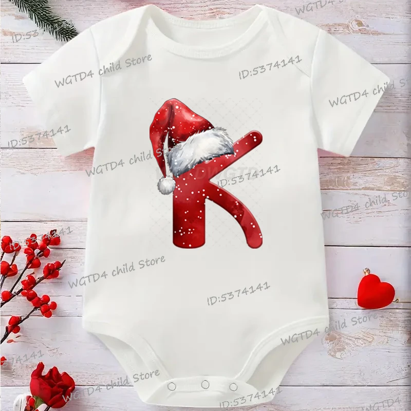 Świąteczne body dla noworodka z alfabetem A-Z, świąteczny kapelusz Świętego Mikołaja, nadruk litery K, świąteczny kombinezon dla dziewczynki i chłopca, bawełniany pajacyk.